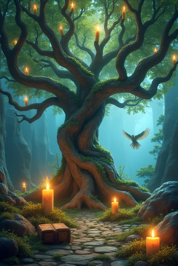 Create a playful ,  artistic, with elements of Norse mythology: loki, Thor, Odin, freya, The Yggdrasil tree, The giants, the horn with the drink of the gods (mead), the little plant that killed Baldur (visco), mixed with elements from the Harry Potter movi...