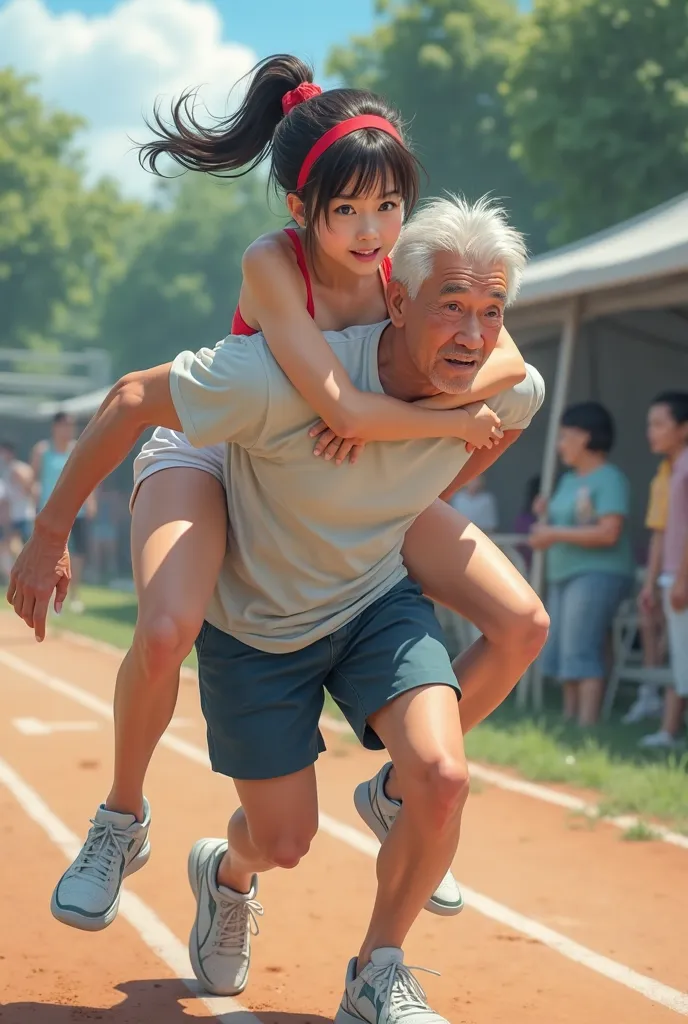 1 Japanese masochistic young woman, volunteering to please an old man, ponytail with bangs, wearing a white shorts, red headband, thin thighs, sports day at a nursing home, doing a piggyback race, detailed background,