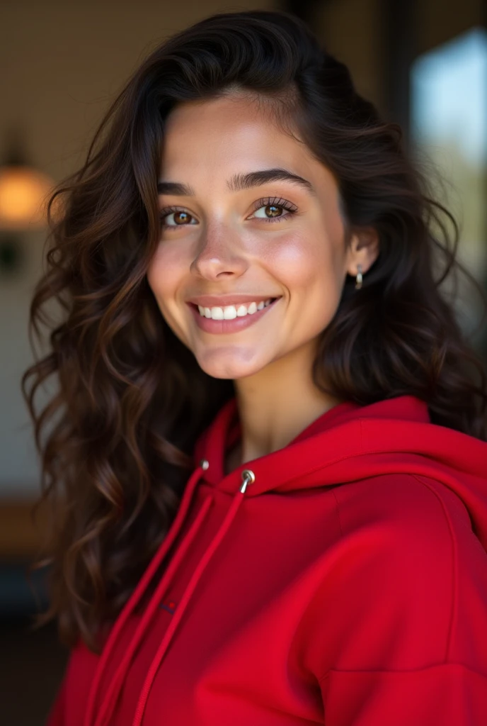 A young woman with distinctive and charming features. She has dark brown hair, long and curly,  that falls softly on her shoulders . Her eyes are large and expressive, of a warm brown color that reflects a mix of joy and serenity. Her skin is clear with a ...