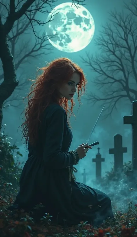 a woman with messy  red hair and green eyes with a dagger thinking at the moon at the graveyard while on her knees night blue fog