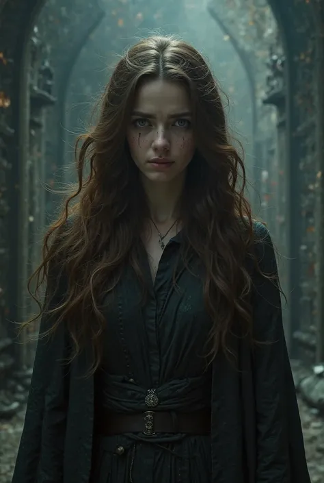 Make a girl with long brown hair and a sad face because she is joining Voldemort's side, no universo de harry potter, She has the same physiognomy as Lily Colins