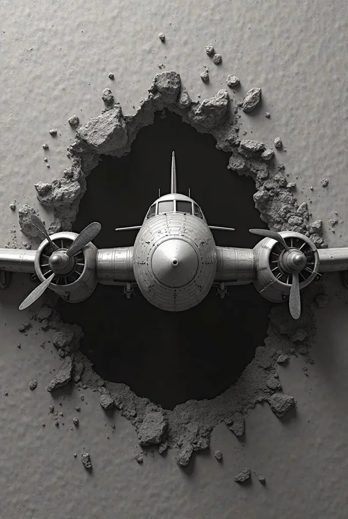 Ju52 3D grayscale image with high contrast lighting seen from the front comes towards you out of the wall 