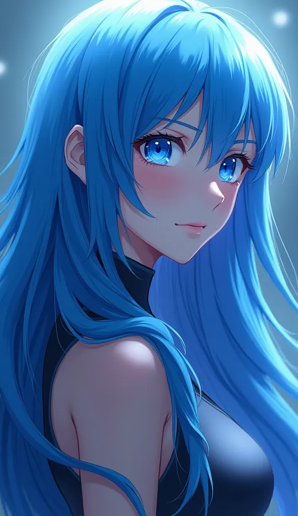 a woman with long blue hair and blue eyes, rimuru tempest, brilliant blue flowing hair, profile shot of rimuru tempest, long flowing blue hair, takeyuki kanda, full face shot of rimuru tempest, ikki tousen, blue eye. anime, the goddess artemis smirking, pe...