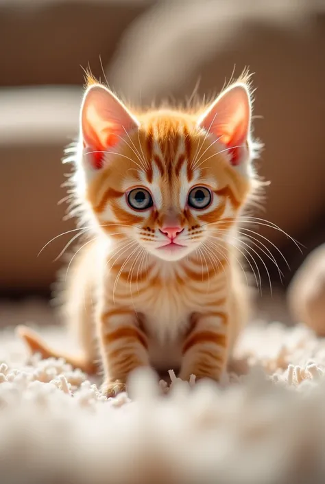 A playful kitten looking up at the camera with bright, curious eyes, ready to pounce.