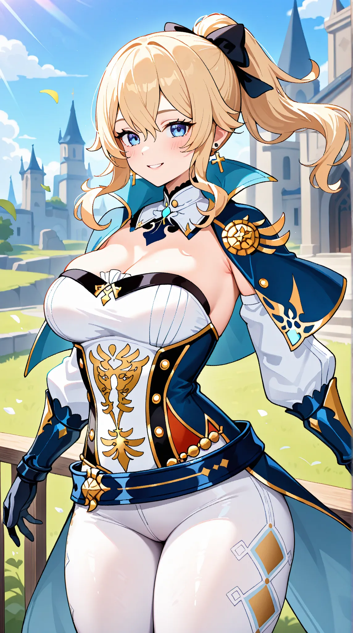 jean (genshin impact), 1girl, solo, long hair, looking at viewer, blue eyes, blonde hair, gloves, jewelry, large breasts,thick thighs, ponytail, hair bow, detached sleeves, belt,  strapless, capelet,  corset, white pants, tight clothes, cross earrings, tig...