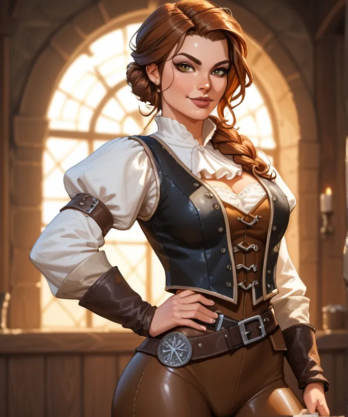 (((Ideal female physique.))) (((She wears medieval fantasy attire.))) Short brown scruffy hair.  Sexy female fantasy adventurer.  Black leather vest.  Brown tight pants.  Looks like a dangerous and devious female rogue.  Sexy smirk.  Sexy pose.  Looks sult...