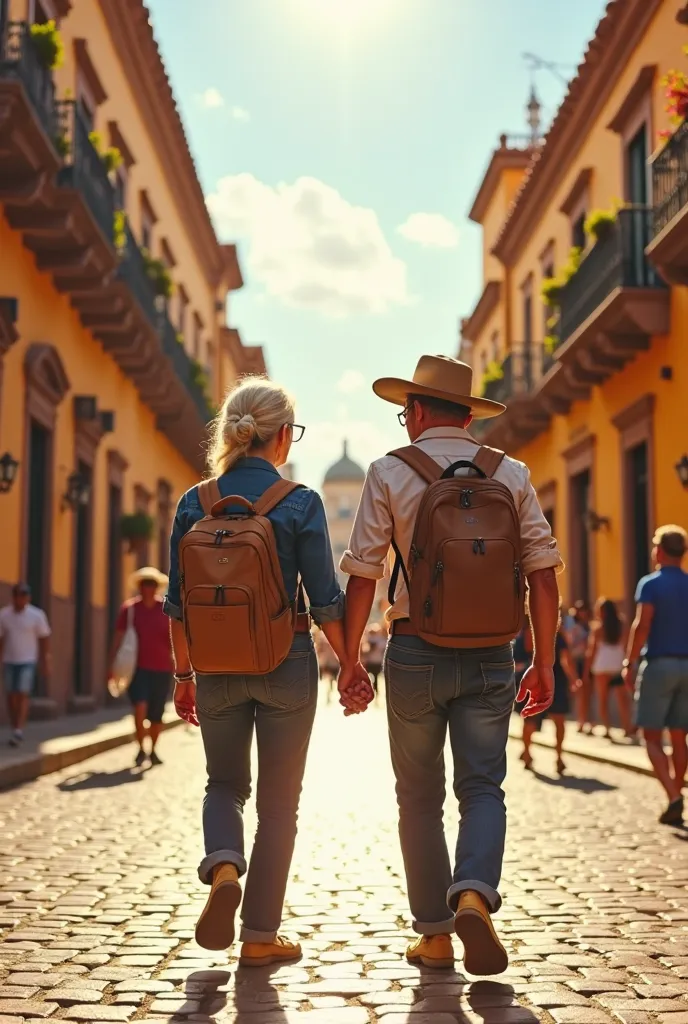 a photo of Trujillo Plaza de Armas in Trujillo. traveling couple of Masomenos 60 years old. Carrying a traveler's backpack. smiling and happy faces.  enjoying the place . photo hyperrealist. 