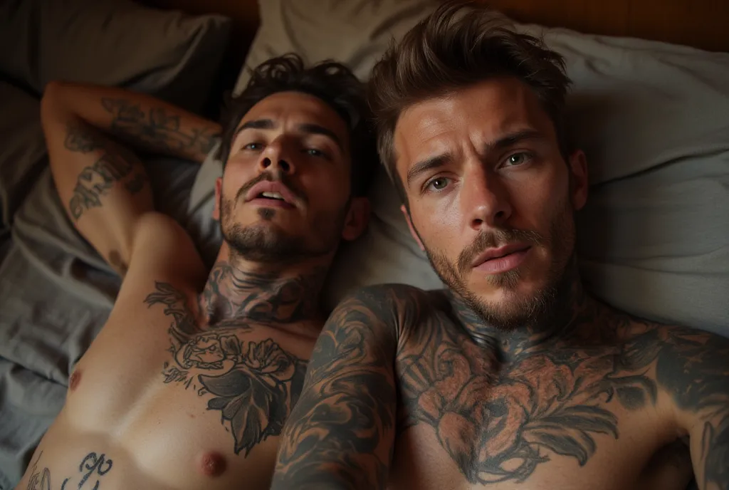 A selfie shot of a Un primer plano de un hombre con barba y tatuajes en el pecho., tatuado man, tatuajes en el cuello, entintado, tatuado, david beckham, modelo bien arreglado, con tatuajes, tatuajes por todo el cuerpo, tatuado body, estilo de seb mckinnon...