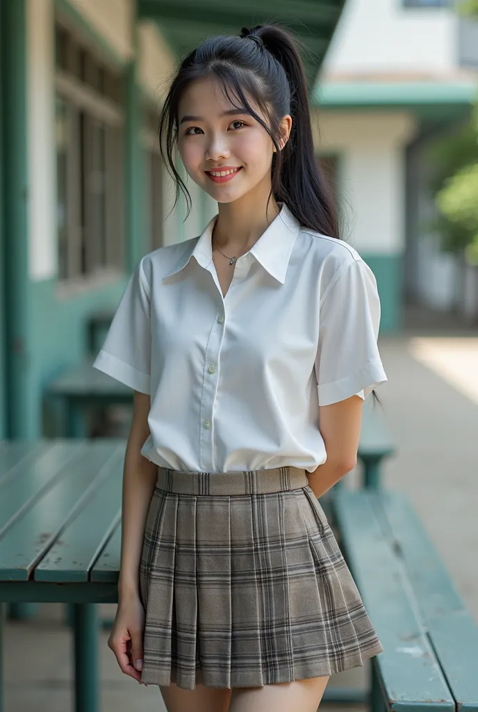 real high quality realistic photos of a Thai woman, Beautiful Girl (((big breasts , big breasts , Not suitable for work))) , the best quality,  A 20-year-old Thai girl in school uniform standing near a green metal table,  She is wearing a white shirt (((bi...