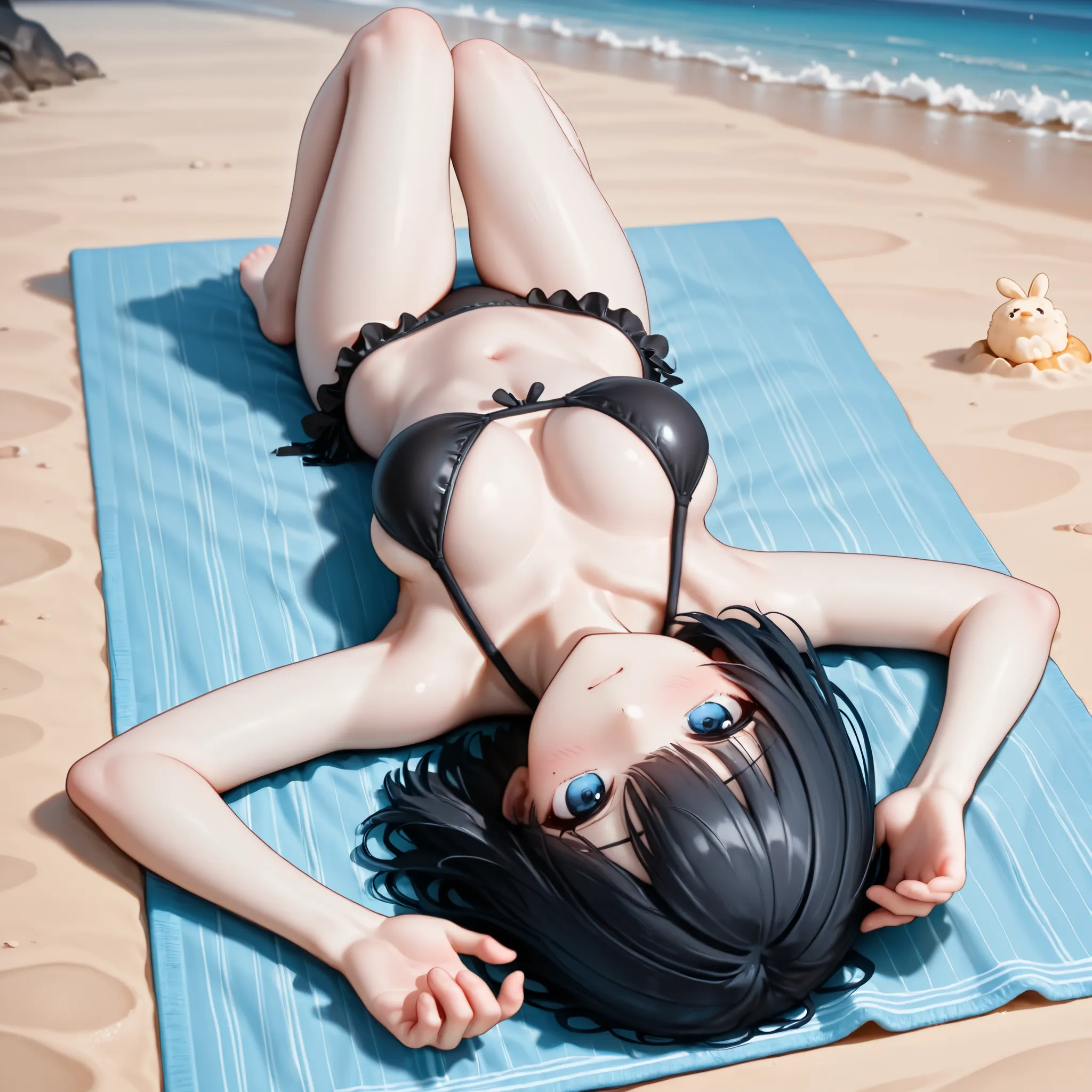 Anime style, 1girl, caucasian with pale skin and a slim and soft body. Medium sized breasts. Has big blue eyes, black hair cropped in a ruffled bob cut. Wearing black frilly bikini. (peaceful). Beach, sunny, sea. Lying back down on a towel on sand. Bare fe...