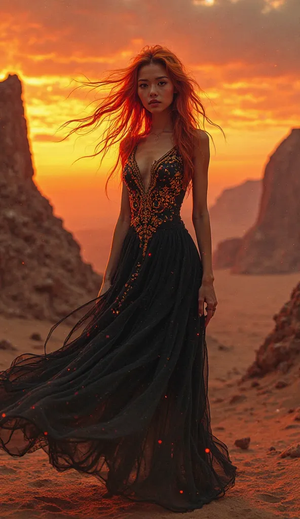 Setting: A rocky desert at sunset, with an orange and red sky.
Character: A woman with fiery red and golden hair, flame-colored eyes, wearing a black dress with burning flame details.