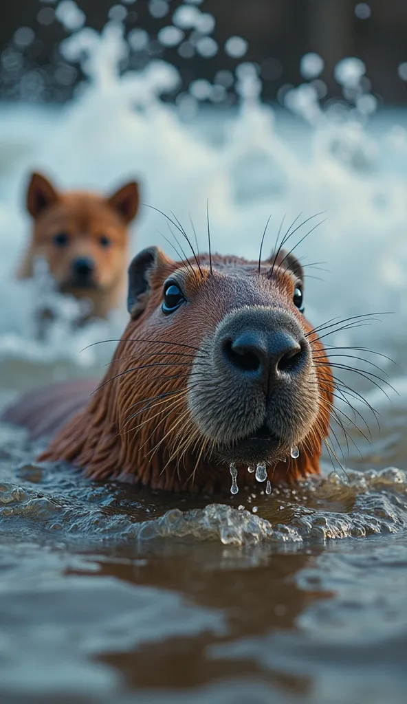 "Close-up of the capybara’s determined face, water droplets on its whiskers, swimming against strong waves. The puppy is visible in the distance, tiny and shivering. Dynamic splashes and turbulent water effects. Colors: Cool blues and muddy browns with dra...