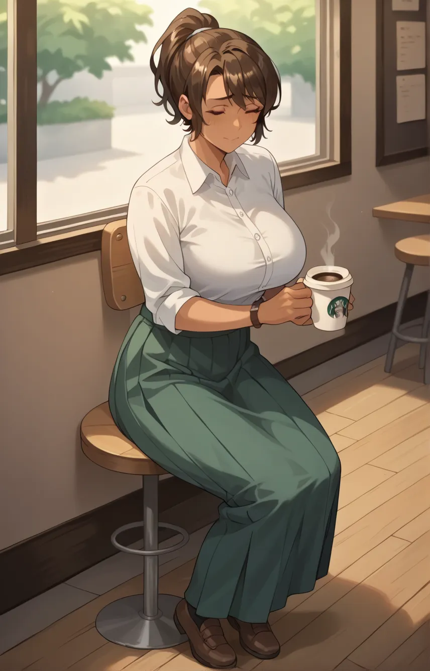 Kanae ,mature woman,1 girl,Alone ,brown hair,brown eyes,short hair,ponytail,big breasts,dark skin, only,embarrassed,closed eyes, light smile, full body,  Top blanco, pleated skirt ,  sitting,  coffee shop  