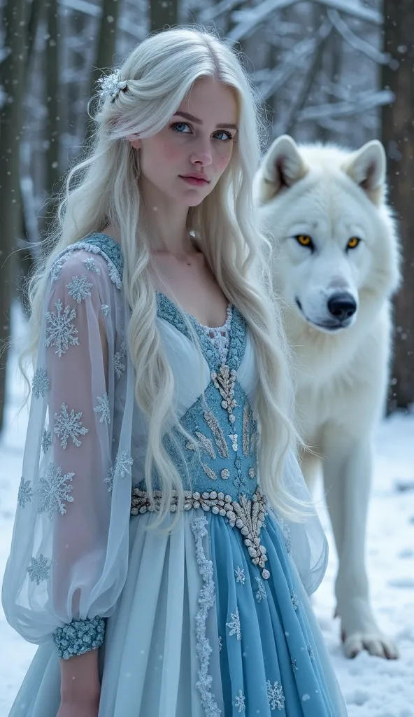 Ice Witch and White Wolf
Setting: A snowy forest with trees covered in ice. The atmosphere is cold and mystical.
Character: A woman with fair skin, long silver or bluish hair, and crystal-like glowing eyes. She wears a white and blue dress with snowflake d...