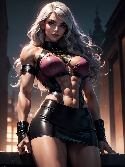 A gorgeous and stunning ((superheroine)), smirking, smiling, dominant, challenging demeanor, smug, teasing, tall, statuesque, imposing, towering, biceps, triceps, ((eight pack abs, extremely defined abs)), double bicep pose, ((black pink costume, leather, ...