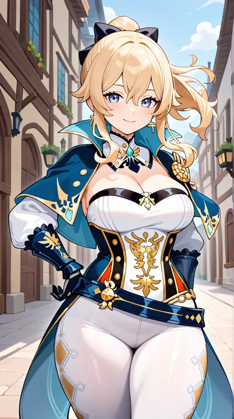 jean (genshin impact), 1girl, solo, long hair, looking at viewer, blue eyes, blonde hair, gloves, jewelry, large breasts,thick thighs, ponytail, hair bow, detached sleeves, belt,  strapless, capelet,  corset, white pants, tight clothes, cross earrings, tig...