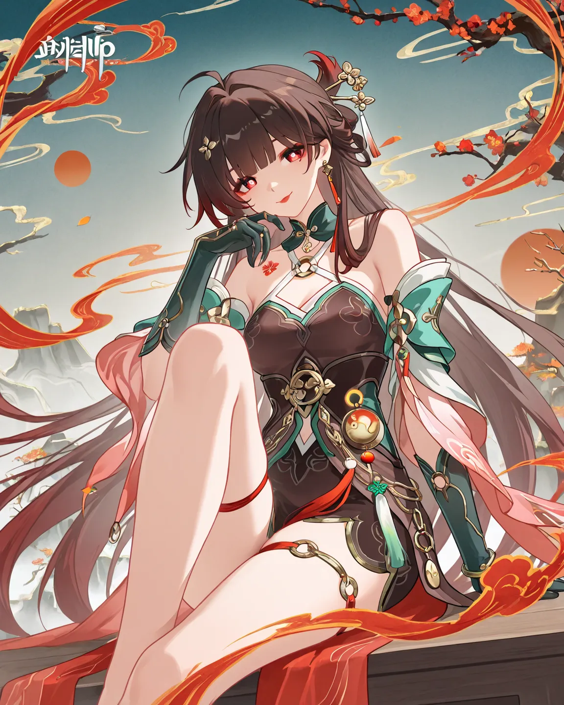 1 girl,lingsha(honkaistarrail),honkaistarrail,sit on red cough,cute face,potrait shot