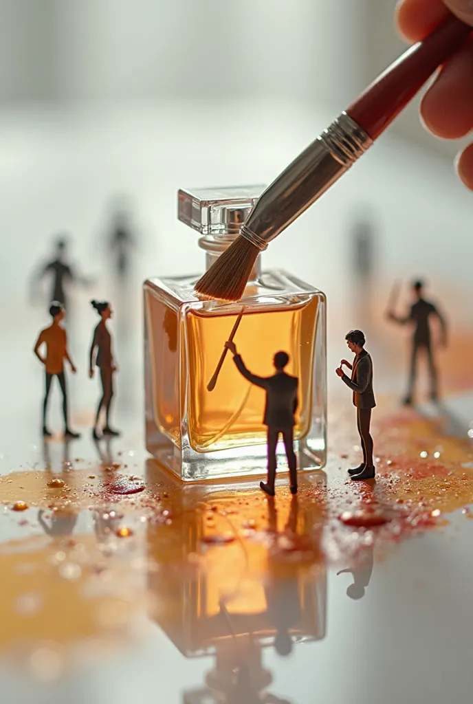 Tiny human figurines painting a large, transparent surface with perfume using oversized brushes. The perfume is a real designer perfume. The figures are carefully applying the fragrance, creating an artistic and luxurious effect