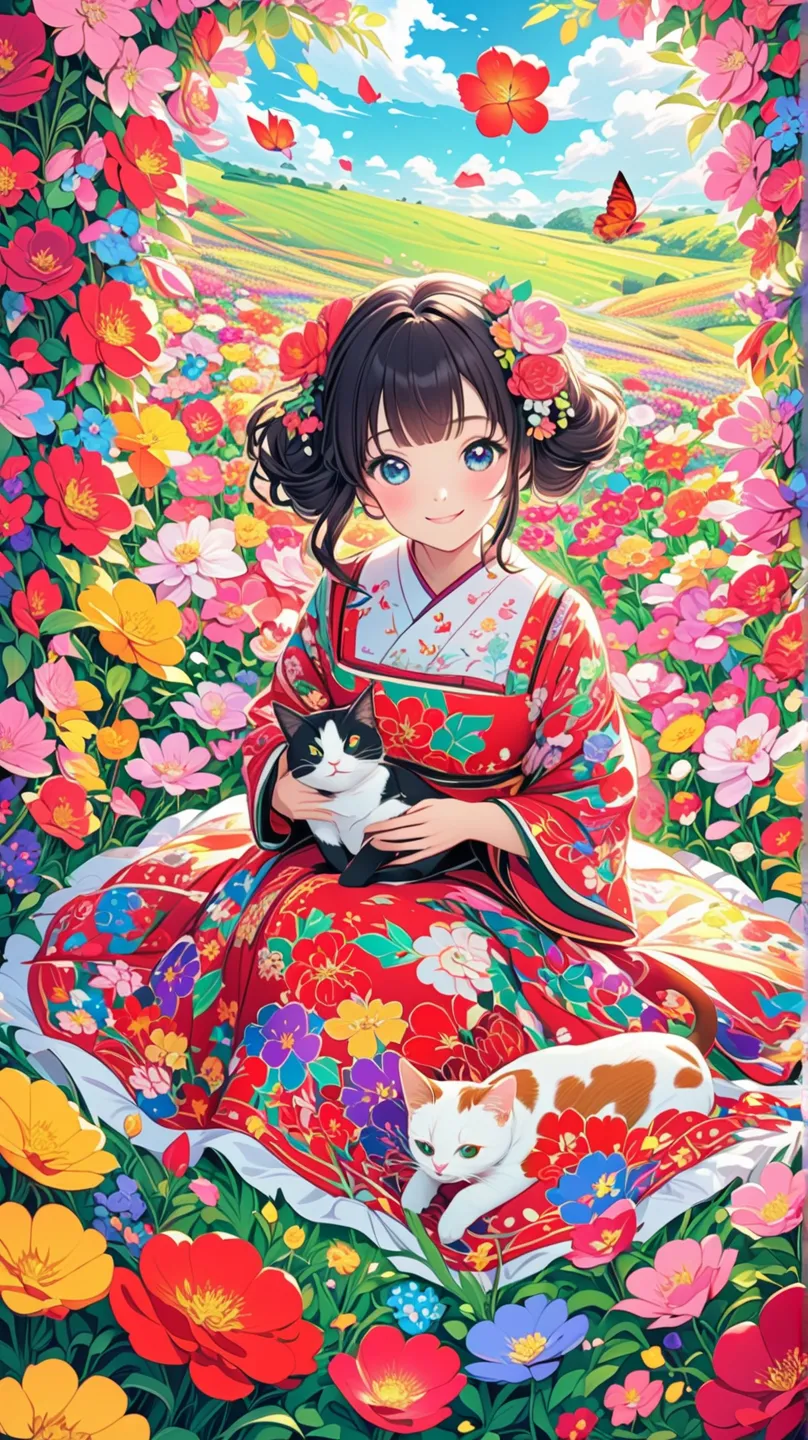 Anime, cute,A  girl, a vast field of vibrant flowers. A cute smiling woman plays with a  cat with a floral print"Anime, cute "