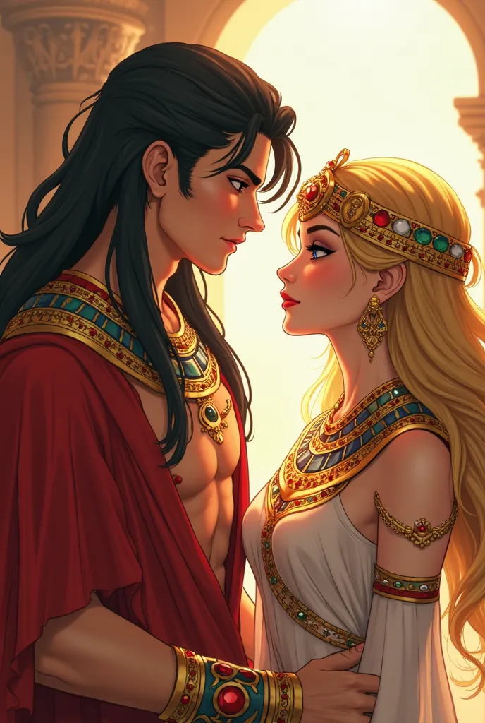 An animated illustration depicting a handsome young man with long black hair, dressed in luxurious ancient Egyptian attire, adorned with layered golden necklaces and red and green gemstone decorations. Beside him is a blue-eyed girl with long golden hair, ...