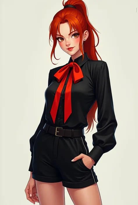 A redhead with a ponytail wearing a black blouse with a red coquette bow at the collar and short black shorts and black sneakers