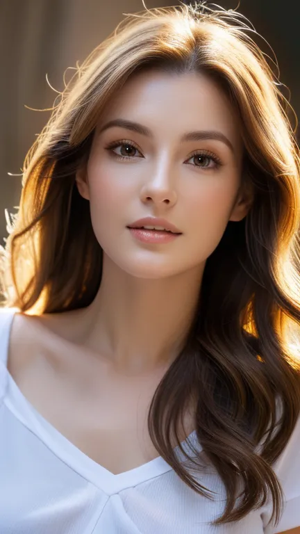 （best quality，High resolution，master piece：1.3），tall and beautiful woman，frontage，Long dark brown hair with loose waves,big breasts，V-neck white shirt，dark alley，Beautifully rendered facial and skin texture details，charming eyes，charming eyes，double eyelid