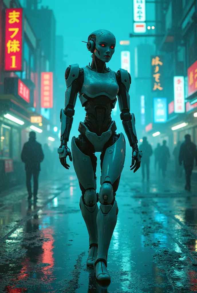 A futuristic robot walks through a cyberpunk city in acid rain, with neons reflected in puddles. Dutch-angled camera (tilt right 7), blue-green neon lighting, thick smoke and raindrops in slow motion (slow motion)."