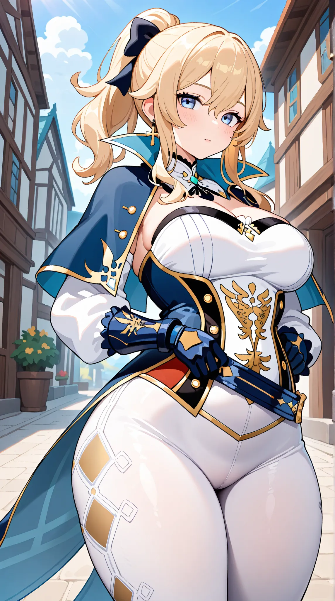 jean (genshin impact), 1girl, solo, long hair, looking at viewer, blue eyes, blonde hair, gloves, jewelry, large breasts,thick thighs, ponytail, hair bow, detached sleeves, belt,  strapless, capelet,  corset, white pants, tight clothes, cross earrings, tig...