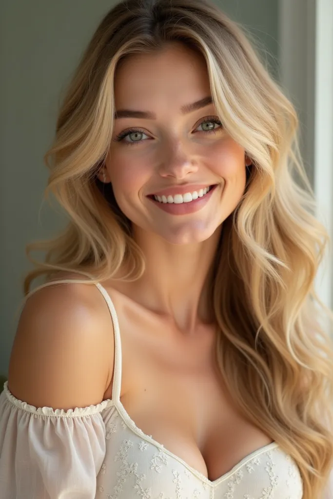 "A young blonde and chubby model,  with fair skin and delicate features .  She has long wavy golden hair , olhos brilhantes e um sorriso radiante.  your body is full of curves ,  conveying confidence and natural beauty . 

