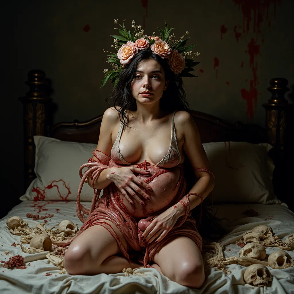 "(the best lighting, HIGH CONTRAST, dark, dramatic),(Woman with a giant golem phallus glans viscera, flower, Crown, fetus, autopsy, human bones, Blood in the bedroom, bed). Light Caravaggio"