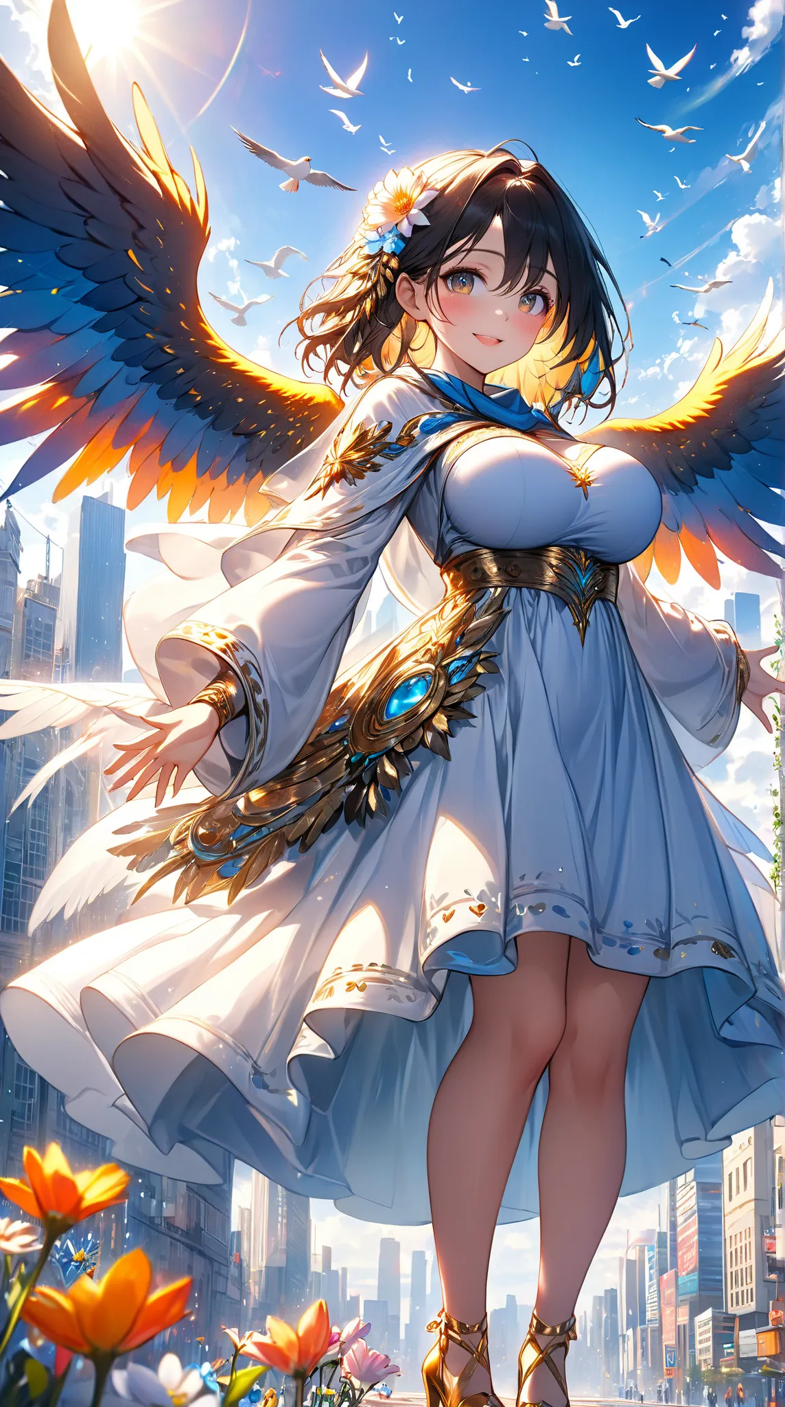 ((masterpiece)), ((high resolution)), ((best quality)), (ultra-detailed),A girl stands with her arms outstretched, with the horizon where the morning sun rises in the background.she has big breasts. Her expression is full of hope, and her heart is filled w...