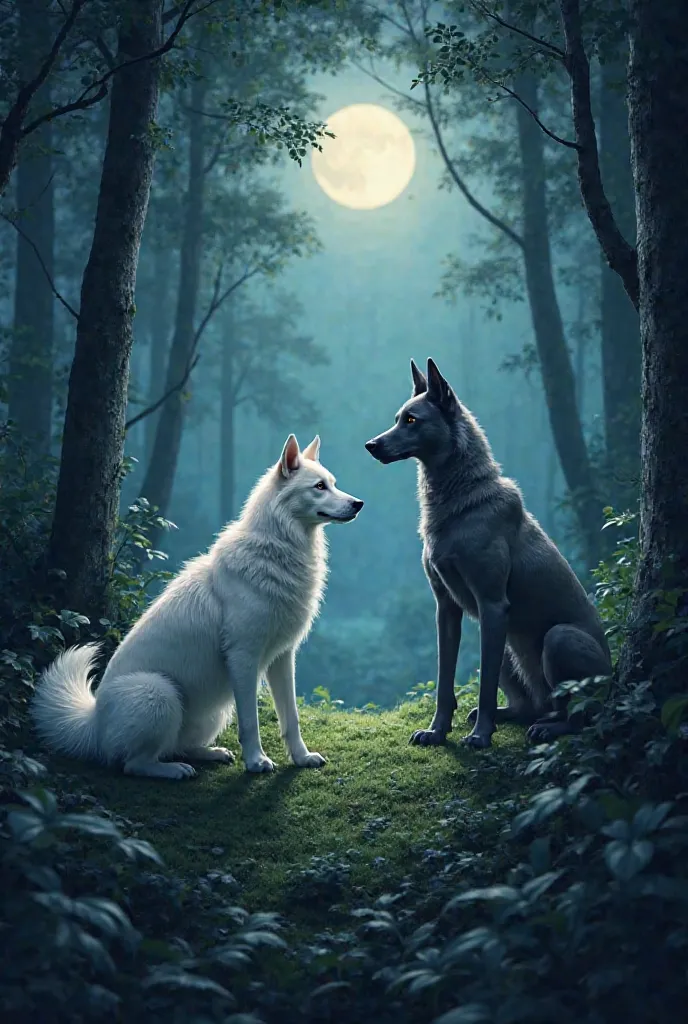 Two dog one color dog is white and the other grey; in the forest by the light moon 