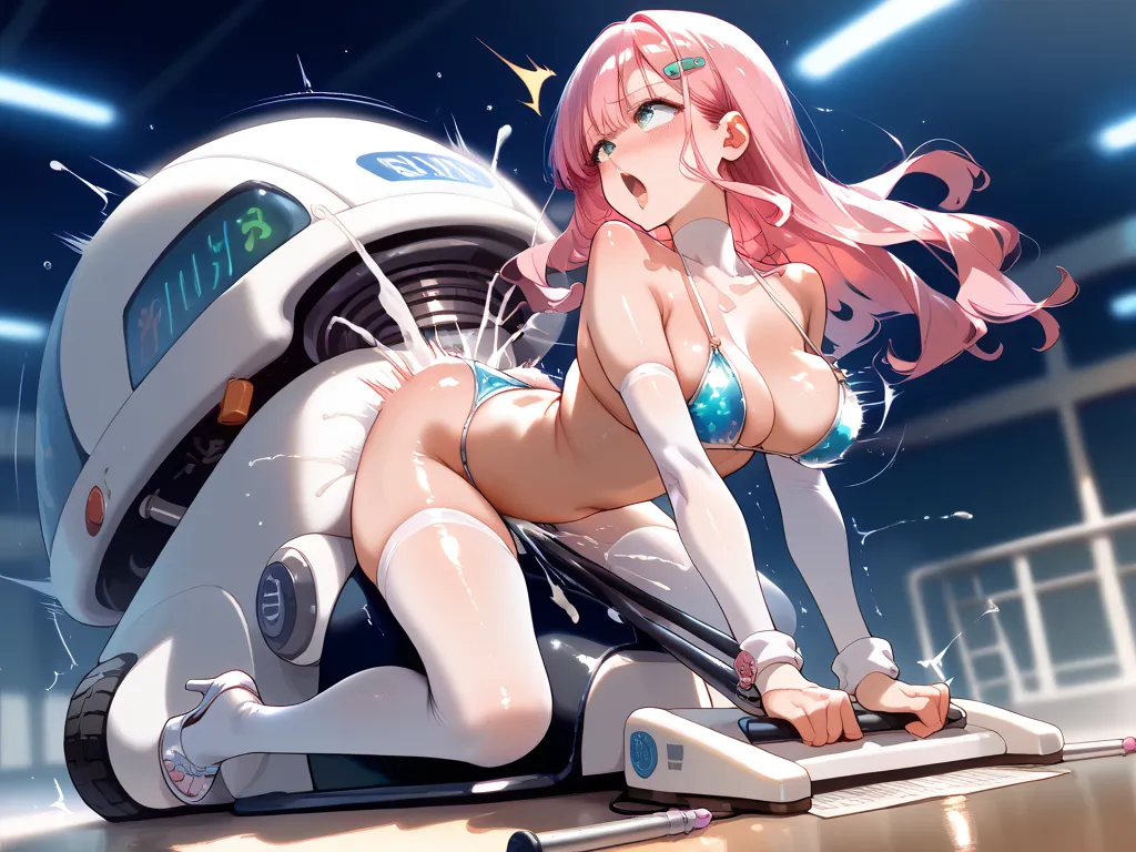 masterpiece, High Resolution, best quality ,8k((( white skin,  Shiny Skin)))
( bikini)(riding a Rodeo Machine)
1 girl,pink hair long hair, hairpins,
(is shaking,Jump,motion blur)
((looks away,orgasm))
(sound effects)
(Rodeo Machine)(health machine)
((Ikuik...