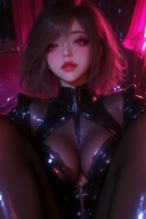 Best quality, Highest resolution, RAW-photos, HDR, Photo realistic, Subject is in the center, (Looking at the viewer:1.3), Absolute masterpiece,
Leotard that is depicted in ultra detail, High-neck, Long sleeve, Dimly lit room, Moody lighting, Pink light, S...