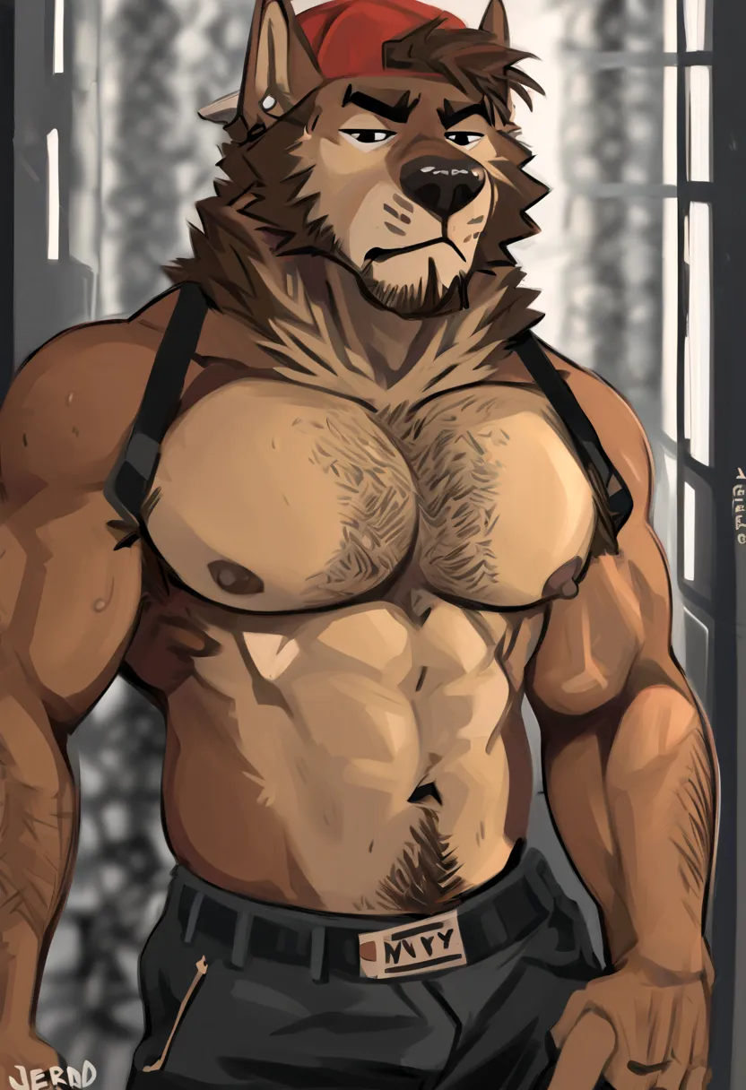 One, bara wolf, black brown beige mixed fur, medium hair, perfect anatomy, masterpiece, messy short beard, detailed eyes, strong jaw, solo, great lighting, by Jerro, dark brown eye's, large amount of chest hair and elbow and arm hair and hand hair, one per...