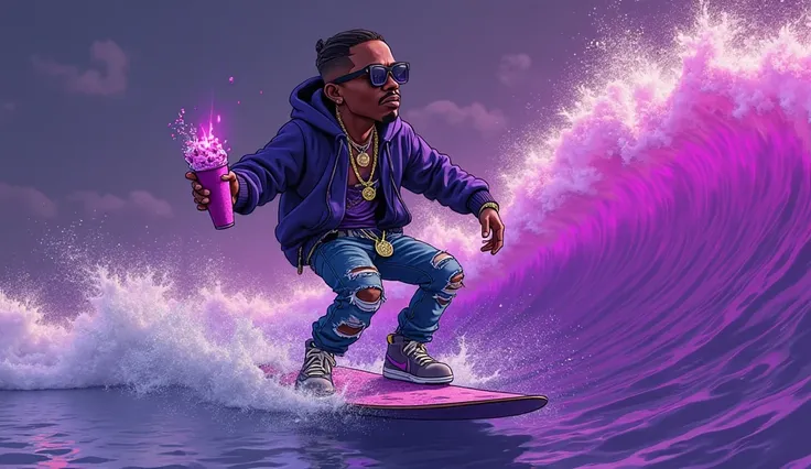  A stylish cartoon-style trap artist surfing on a massive purple wave, standing on a sleek surfboard with a confident stance, knees bent and arms outstretched. He wears luxury brand clothing—designer hoodie, ripped jeans, and high-end sneakers—along with f...