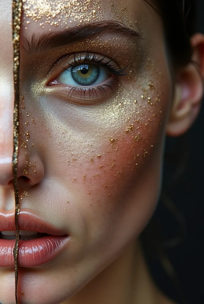 A stunning, close-up portrait of the face of an extraordinarily beautiful FRENCH MODEL, artfully divided into four continuous vertical sections, each crafted from a different material, harmoniously combining into a cohesive and breathtaking composition.