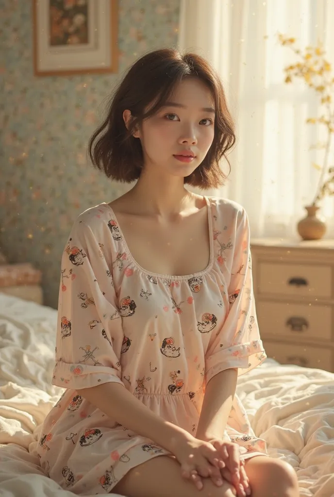 Full body of Beautiful Korean woman age 20, short hair and cup A, without makeup ,wearing a cartoon dress sleepwear, against background of bed room in morning.