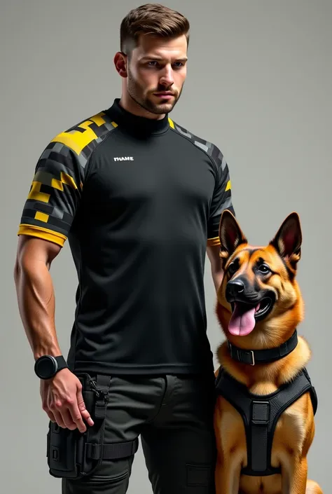 Create the design of an operational tactical uniform , Let it be in a black lycra t-shirt , with the sleeves of a pixelated shade with shades of yellow ,  gray and black  , that the collar of the t-shirt is high closed , And place the character next to a d...