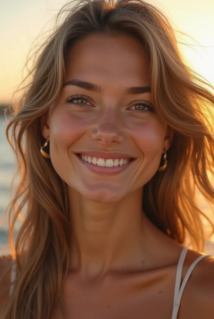 "A stunningly beautiful young woman with natural, realistic features. She has radiant skin, expressive eyes, and a warm, inviting smile. Her hair is long, slightly wavy, and gently tousled by the wind. She wears minimal makeup, enhancing her natural beauty...