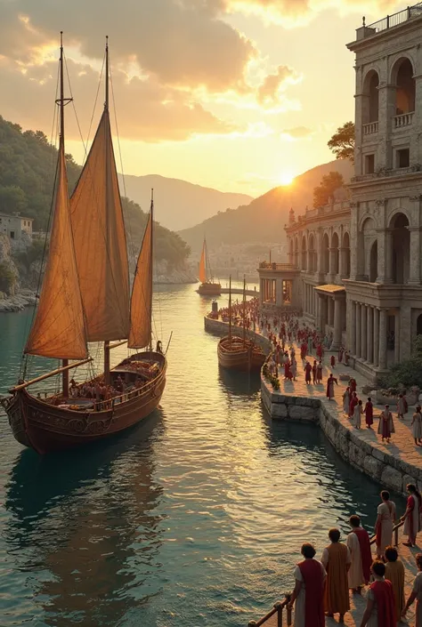 Create a breathtaking 8K masterpiece of a tranquil Roman harbor scene in the late hours of the Roman Empire, viewed from a slightly elevated, aerial perspective. The vast harbor is peaceful yet full of intricate details that showcase the splendor of ancien...