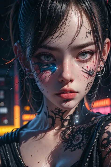 Kawaii, cyberpunk, macro style image, a beautiful cybergothic cyborg girl, with red neon LED lights on her face, mechanical parts on her body, gears, and blades, messy dry black hair, large detailed eyes, deformed face, looking at the viewer with her head ...