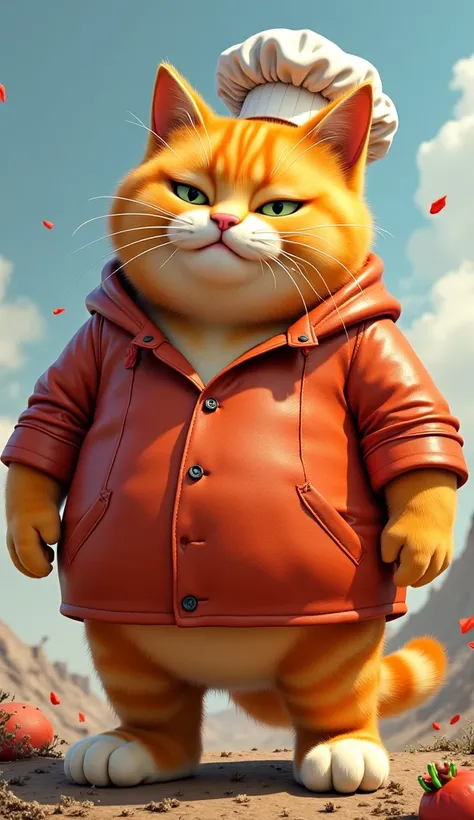 An orange cat with white feet, a chubby cat, a wonderful digital drawing, very realistic, a masterpiece of cat art, similar to Garfield, by Alexander Kucharsky, a ginger cat, looks very realistic, wearing a cooking shirt and a chef hat. A beautiful digital...