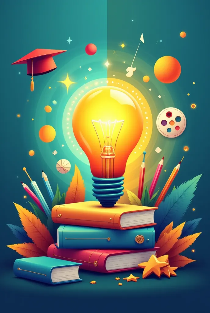 "A visually striking and modern school-themed artwork showcasing a central focal point of a glowing lightbulb (symbolizing ideas and creativity) surrounded by abstract elements of education, such as floating books, geometric shapes, a graduation cap, a pai...