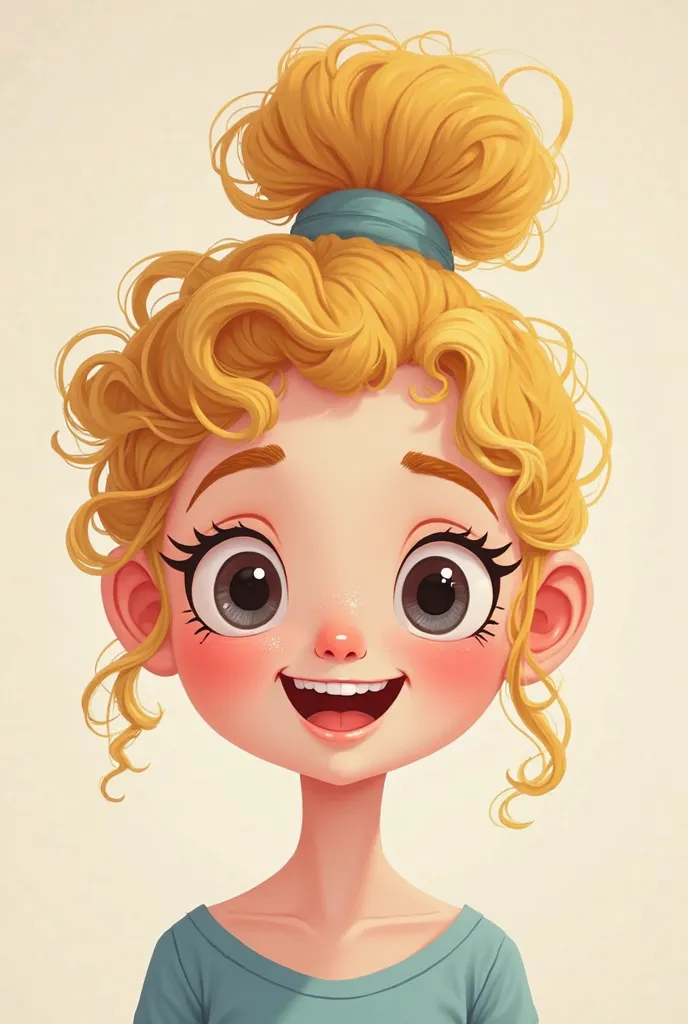 curly blonde hair tied back with a ponytail.2d cartoon with a circle face