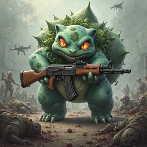 Bulbasaur, with an ak47, on a battlefield, dead zombies on the ground.