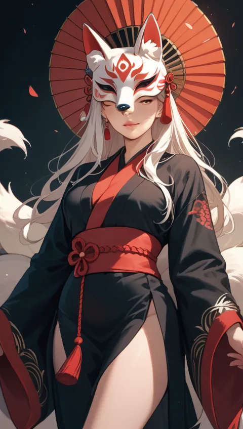 A kitsune in a black robe wearing a fox mask 