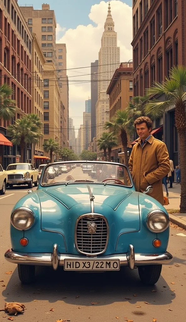 US TV drama promotional posters、Detective Columbo、Stand beside a dull blue ragged 1959 Peugeot 403 convertible、Vintage Car、 unkempt hair、 twirl、The brown trench coat of the dragonfly car 