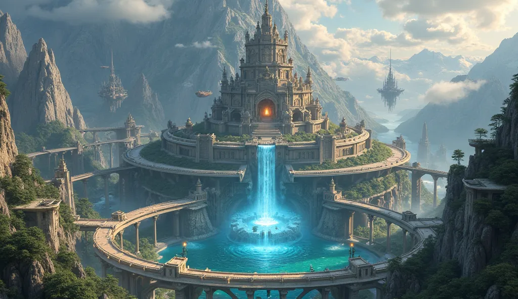 A colossal mountain city with floating terraces, glowing bridges, and intricate stone buildings. At its heart, four massive floating rings orbit a magical lake, where the legendary Tower of Ascension stands beneath a luminous magic waterfall. Elemental spi...