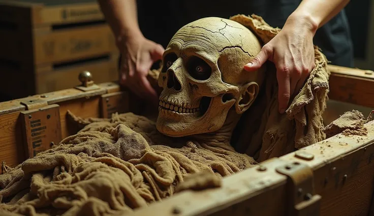 The mummy being pulled from the sarcophagus by modern hands, torn bands flying, Expression of indignation, a wooden crate on the side labeled 'Los Angeles'.